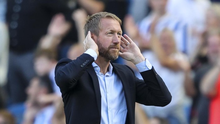 BRIGHTON, ENGLAND - SEPTEMBER 04: Head Coach Graham Potter of Brighton & Hove Albion after his sides 5-2 win during the Premier League match between Brighton & Hove Albion and Leicester City at American Express Community Stadium on September 04, 2022 in Brighton, England. (Photo by Robin Jones/Getty Images)