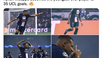 Mbappe pun menjadi pemain termuda sepanjang masa yang telah mencetal 35 gol di Liga Champions. Foto: Twitter