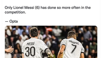 Sedangkan Mbappe sering mencetak gol di menit awal Liga Champions, hanya bisa disamai Messi. Foto: Twitter