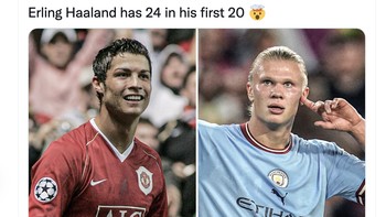 Haaland memang sangat produktif. Ronaldo tidak mencetak satu pun gol dalam 20 laga pertamanya di Liga Champions sedangkan Haaland melesakkan 24 gol di 20 laga pertama. Foto: Twitter