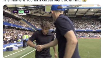 Netizen langsung membahasnya. Ada yang menghubungkan bahwa Chelsea kalah terus usai Tuchel bertengkar dengan Antonio Conte saat duel panas melawan Spurs. Foto: Twitter