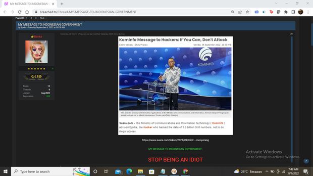 Pesan Hacker Untuk Kementerian Kominfo (screenshot)