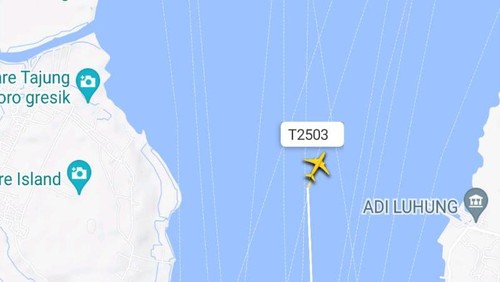 Pesawat TNI AL jenis G-36 Bonanza T-2503 terjatuh di Selat Madura, Jawa Timur (Jatim). TNI AL saat ini sedang berupaya mencari awak dan pesawat itu. (Aplikasi Flightradar24)
