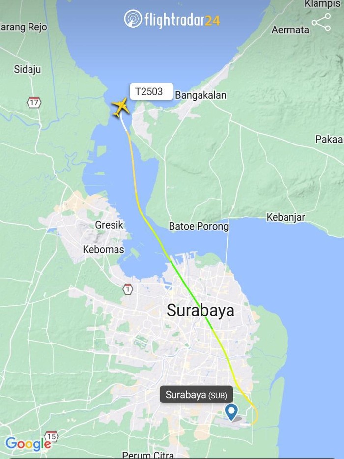 Pesawat TNI AL jenis G-36 Bonanza T-2503 terjatuh di Selat Madura, Jawa Timur (Jatim). TNI AL saat ini sedang berupaya mencari awak dan pesawat itu. (Aplikasi Flightradar24)