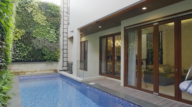 Halaman belakang difungsikan semaksimal mungkin untuk kolam renang. Meski tidak ada ruang terbatas untuk taman, mereka memanfaatkan dinding sebagai taman vertikal. (Foto: YouTube/Rakta Studio)