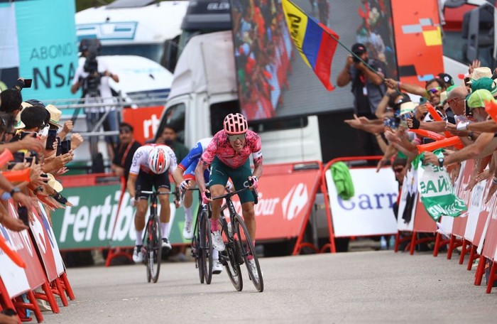 Colombian Rigoberto Uran of EF Education-EasyPost celebrates on the podium after winning stage 17 of the 2022 edition of the 'Vuelta a Espana', Tour of Spain cycling race, from Aracena to Monasterio de Tentudia (162,3 km), Spain, Wednesday 07 September 2022. BELGA PHOTO DAVID PINTENS (Photo by DAVID PINTENS / BELGA MAG / Belga via AFP) (Photo by DAVID PINTENS/BELGA MAG/AFP via Getty Images)
