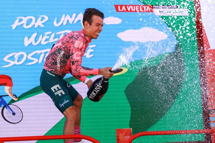 1243023464 Colombian Rigoberto Uran of EF Education-EasyPost celebrates on the podium after winning stage 17 of the 2022 edition of the 'Vuelta a Espana', Tour of Spain cycling race, from Aracena to Monasterio de Tentudia (162,3 km), Spain, Wednesday 07 September 2022. BELGA PHOTO DAVID PINTENS (Photo by DAVID PINTENS / BELGA MAG / Belga via AFP) (Photo by DAVID PINTENS/BELGA MAG/AFP via Getty Images)