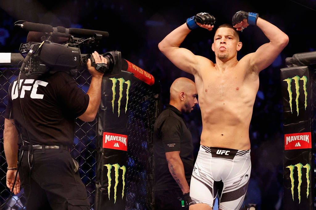GLENDALE, ARIZONA - JUNE 12: Nate Diaz enters the octagon to fight Leon Edwards of Jamaica during their UFC 263 welterweight match at Gila River Arena on June 12, 2021 in Glendale, Arizona.
