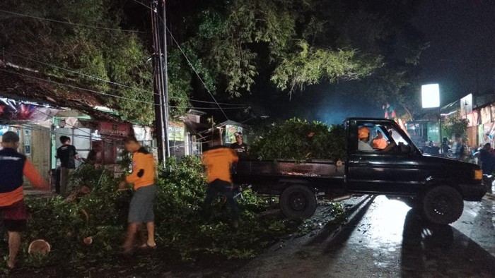 Petugas membersihkan dahan pohon tumbang di Selogiri Wonogiri, Kamis (8/9/2022).