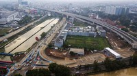 Foto udara pembangunan gerbang Tol Margajaya 2 yang merupakan bagian dari proyek Tol Becakayu (Bekasi Cawang Kampung Melayu) Seksi 2A di Bekasi, Jawa Barat, Kamis (8/9/2022).