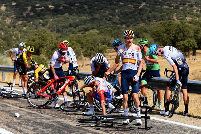 Belgian Remco Evenepoel of Quick-Step Alpha Vinyl celebrate after winning stage 18 of the 2022 edition of the 'Vuelta a Espana', Tour of Spain cycling race, from Trujillo to Alto de Piornal (192km), Spain, Thursday 08 September 2022. BELGA PHOTO DAVID PINTENS (Photo by DAVID PINTENS / BELGA MAG / Belga via AFP) (Photo by DAVID PINTENS/BELGA MAG/AFP via Getty Images)