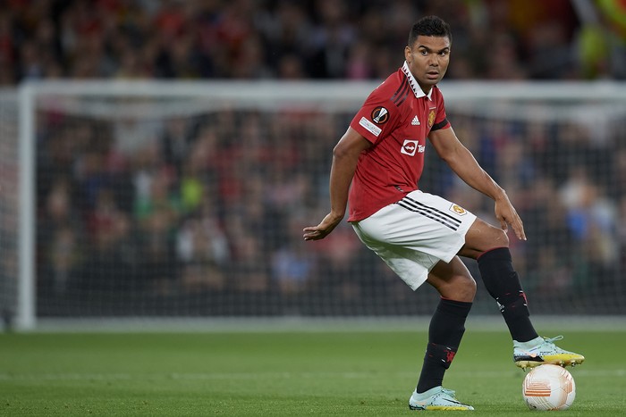 Casemiro Defensive Midfield of Manchester United and Brazil controls the ball during the UEFA Europa League group E match between Manchester United and Real Sociedad at Old Trafford on September 8, 2022 in Manchester, United Kingdom. (Photo by Jose Breton/Pics Action/NurPhoto via Getty Images)