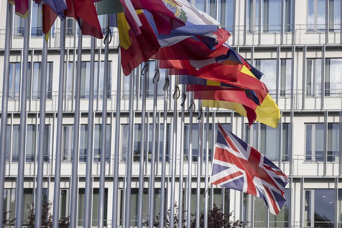 France EU Britain Queen The European flag, left, flies at half mast in front of the Council of Europe, in honor of Britain's Queen Elizabeth II after her death on Thursday at the age of 96, in Strasbourg, eastern France, Friday, Sept. 9, 2022. (AP Photo/Jean-Francois Badias)