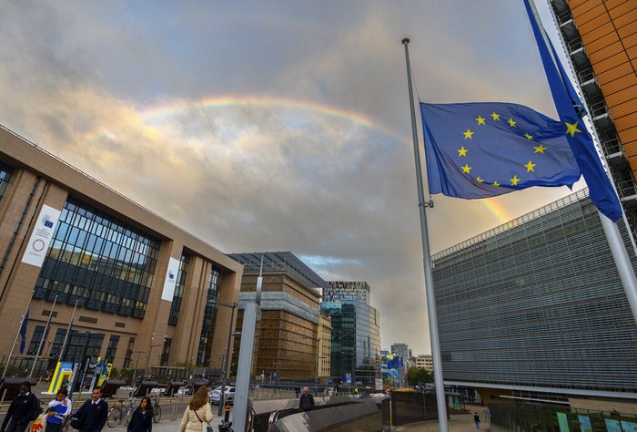 France EU Britain Queen The European flag, left, flies at half mast in front of the Council of Europe, in honor of Britain's Queen Elizabeth II after her death on Thursday at the age of 96, in Strasbourg, eastern France, Friday, Sept. 9, 2022. (AP Photo/Jean-Francois Badias)