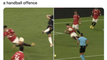 Akun ini menganalisis seharusnya MU tidak dihukum penalti karena bola ke kaki Martinez dulu sebelum ke tangan. Foto: Twitter