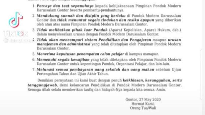 Surat perjanjian/pernyataan orang tua wali murid sebelum titipkan anaknya di Ponpes Gontor