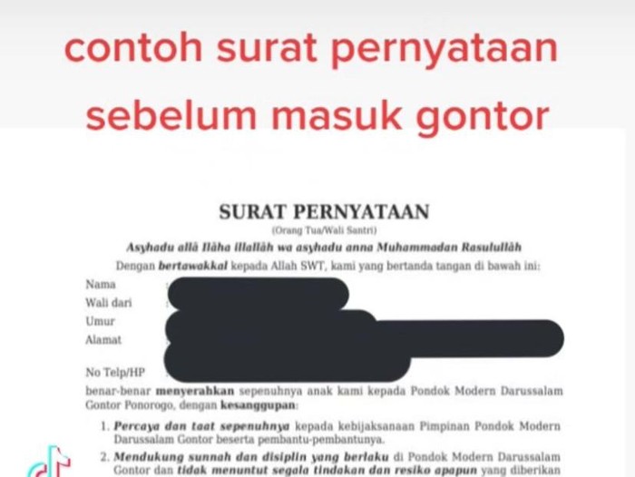 Surat perjanjian/pernyataan orang tua wali murid sebelum titipkan anaknya di Ponpes Gontor