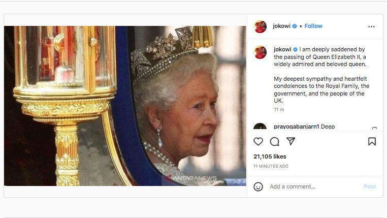 Ucapan belasungkawas Presiden Joko Widodo atas meninggalnya Ratu Elizabeth II. (Tangkapan Layar via Instagram @jokowi)