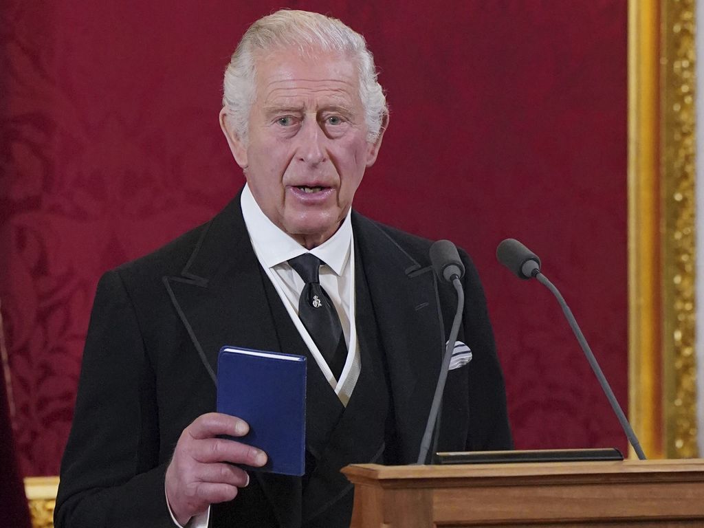King Charles III makes his declaration during the Accession Council at St James's Palace, London, Saturday, Sept. 10, 2022, where he is formally proclaimed monarch. (Jonathan Brady/Pool Photo via AP)