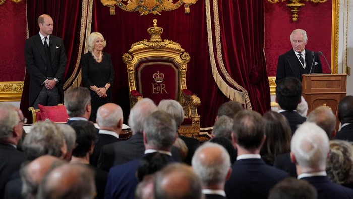 BRITAIN-ROYALS/QUEEN-KING-PROCLAMATION Britain's King Charles III speaks during the Accession Council at St James's Palace, where he is formally proclaimed Britain's new monarch, following the death of Queen Elizabeth II, in London, Britain September 10, 2022. Jonathan Brady/Pool via REUTERS