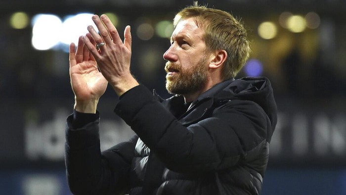 FILE - Brightons head coach Graham Potter during the English FA Cup third round soccer match between West Bromwich Albion and Brighton & Hove Albion at the Hawthorns, West Bromwich, England, Saturday, Jan. 8, 2022. Chelsea have announced on Thursday, Sept. 8, 2022, the appointment of Graham Potter as their new head coach. (AP Photo/Rui Vieira, File)