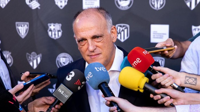 MADRID, SPAIN - SEPTEMBER 06: Javier Tebas speaks during the official presentation of the new brand identity of the Womens Professional Football League at Cines Callao on September 06, 2022 in Madrid, Spain. (Photo by Aldara Zarraoa/WireImage)