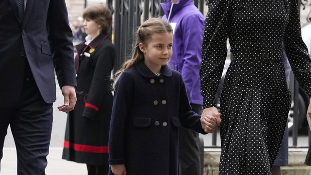 FILE - Britain's Princess Charlotte arrives to attend a Service of Thanksgiving for the life of Prince Philip, Duke of Edinburgh at Westminster Abbey in London, Tuesday, March 29, 2022. (AP Photo/Matt Dunham, File)