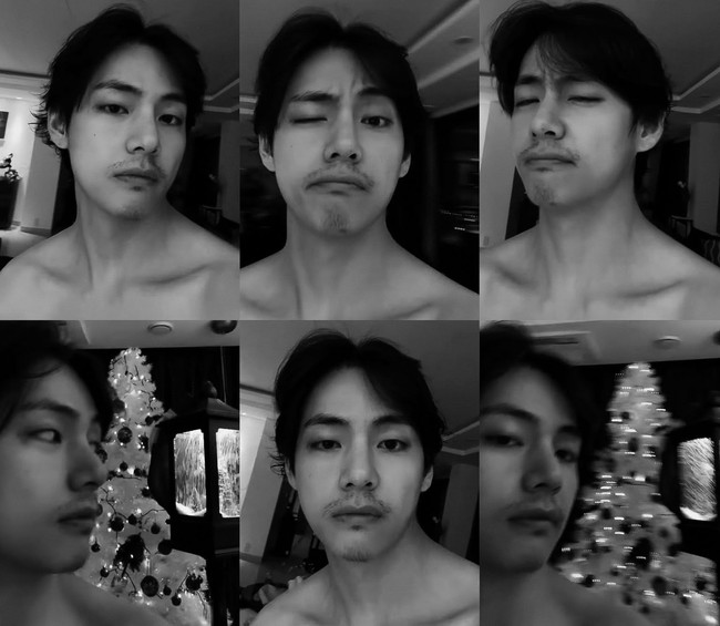 Saat musim dingin, tepatnya 8 Maret 2022, V BTS mengingatkan penggemar untuk menjaga kehangatan agar terhindar dari masuk angin. Namun dia justru mengunggah fotonya tanpa busana yang dibuat dalam bentuk kolase dan filter hitam putih. Kumis tipisnya bikin ARMY salfok. Foto: Instagram