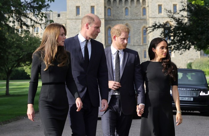 LONDON, ENGLAND - SEPTEMBER 19: (L-R) William, Prince of Wales, King Charles III, Anne, Princess Royal and Prince Harry, Duke of Sussex arrive for the State Funeral of Queen Elizabeth II at Westminster Abbey on September 19, 2022 in London, England.  Elizabeth Alexandra Mary Windsor was born in Bruton Street, Mayfair, London on 21 April 1926. She married Prince Philip in 1947 and ascended the throne of the United Kingdom and Commonwealth on 6 February 1952 after the death of her Father, King George VI. Queen Elizabeth II died at Balmoral Castle in Scotland on September 8, 2022, and is succeeded by her eldest son, King Charles III. (Photo by Samir Hussein/WireImage)
