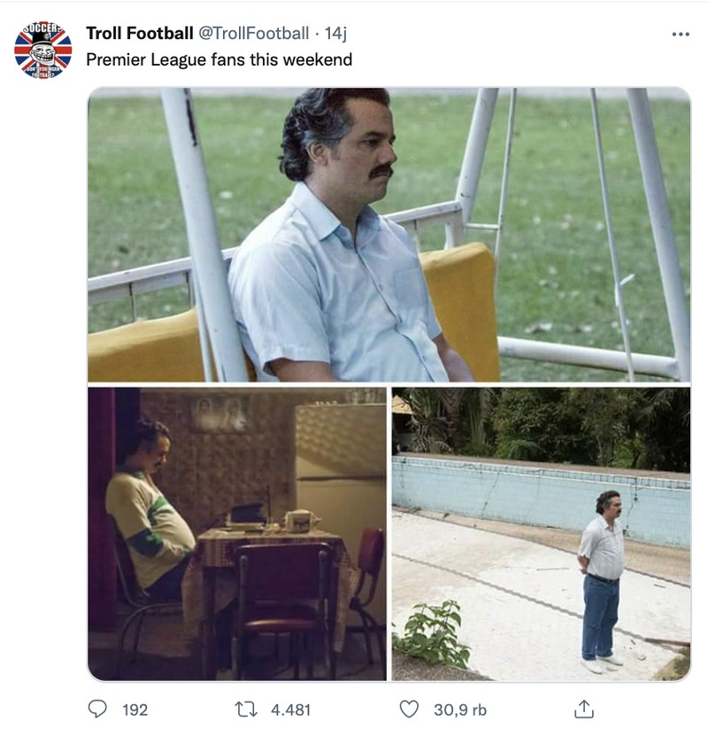 Meme fans Liga Inggris tidak bisa nonton bola akhir pekan ini karena diliburkan untuk menghormati mangkatnya Ratu Elizabeth II.