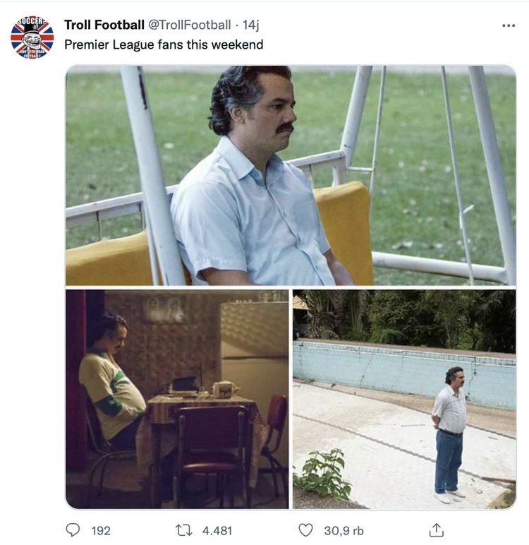 Liga Inggris Meme fans Liga Inggris tidak bisa nonton bola akhir pekan ini karena diliburkan untuk menghormati mangkatnya Ratu Elizabeth II.
