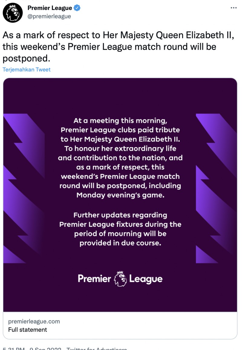 Meme fans Liga Inggris tidak bisa nonton bola akhir pekan ini karena diliburkan untuk menghormati mangkatnya Ratu Elizabeth II.