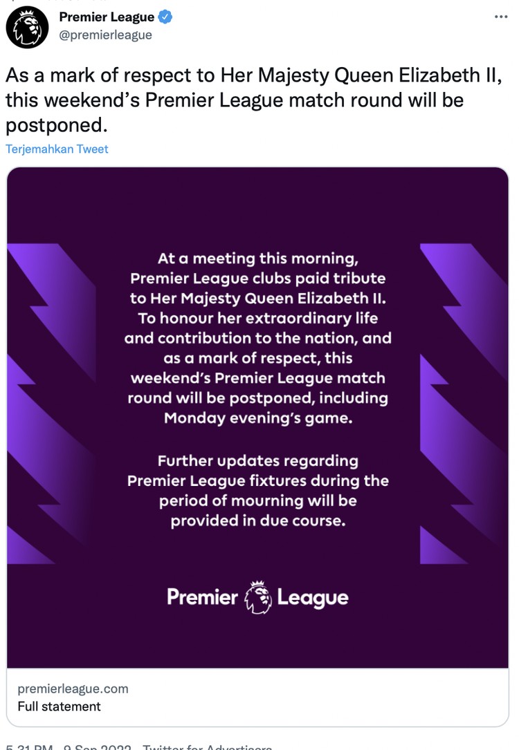 Liga Inggris Meme fans Liga Inggris tidak bisa nonton bola akhir pekan ini karena diliburkan untuk menghormati mangkatnya Ratu Elizabeth II.