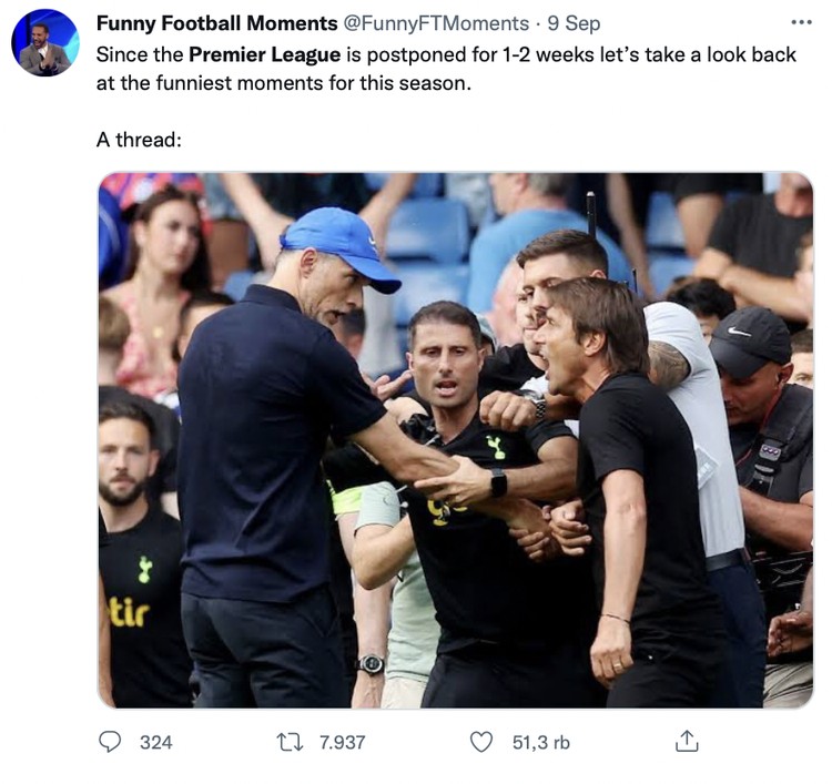 Liga Inggris Meme fans Liga Inggris tidak bisa nonton bola akhir pekan ini karena diliburkan untuk menghormati mangkatnya Ratu Elizabeth II.
