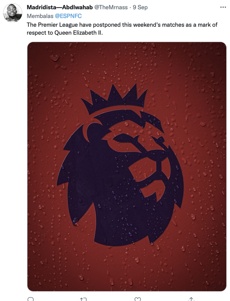 Meme fans Liga Inggris tidak bisa nonton bola akhir pekan ini karena diliburkan untuk menghormati mangkatnya Ratu Elizabeth II.