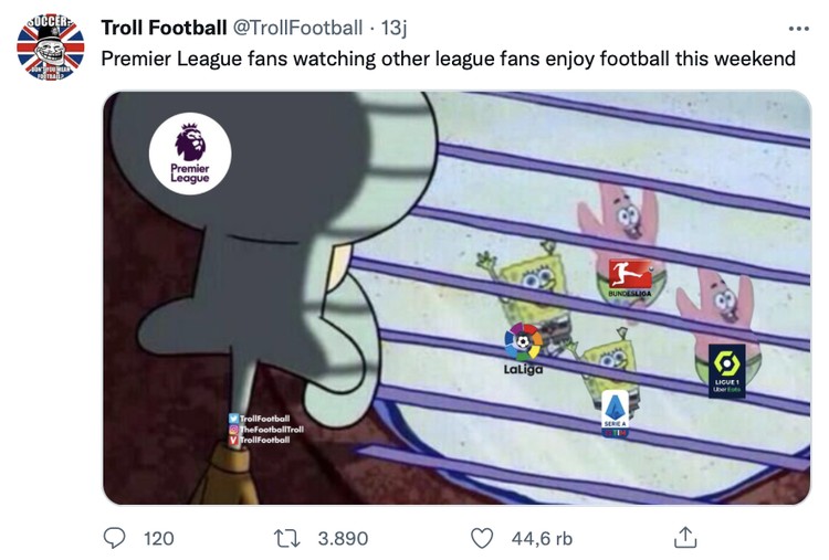 Liga Inggris Meme fans Liga Inggris tidak bisa nonton bola akhir pekan ini karena diliburkan untuk menghormati mangkatnya Ratu Elizabeth II.