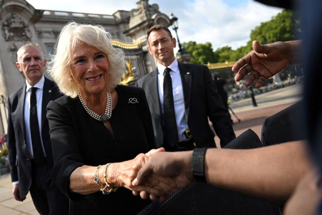 Bros berlian bentuk simpul yang dipakai Camilla saat menjalani tugas pertama sebagai permaisuri ini memiliki simbol ikatan cinta dan komitmen yang tidak terputus. Foto: Getty Images/WPA Pool