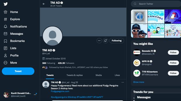 Akun Twitter resmi TNI AD, @tni_ad, diduga diretas. Akun tersebut mengunggah beberapa postingan yang tidak berkaitan dengan aktivitas TNI AD. (Screenshot Twitter TNI AD)