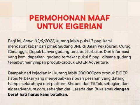 Eiger sampaikan 200 ribu produknya terbakar di gudang JNE Cimanggis