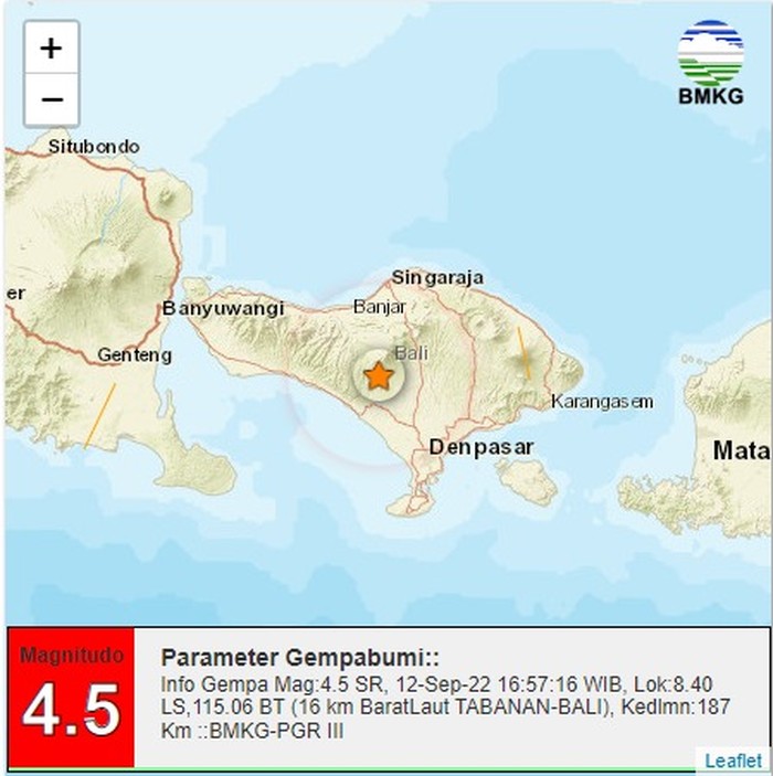 Gempa M 4,5 hari ini mengguncang Tabanan pukul 16:57:16 WIB, Senin, 12 September 2022.