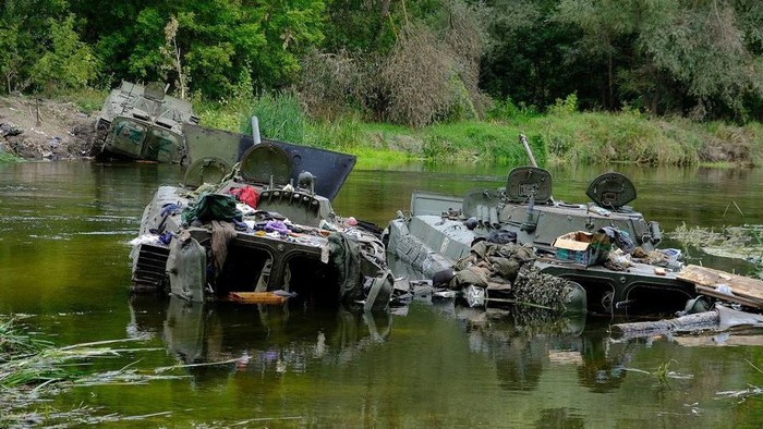 Armoured fighting vehicles abandoned by Russian soldiers are seen during a counteroffensive operation of the Ukrainian Armed Forces, amid Russias attack on Ukraine, in Kharkiv region, Ukraine, in this handout picture released September 11, 2022. Press service of the Commander-in-Chief of the Armed Forces of Ukraine/Handout via REUTERS