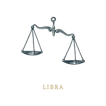 Lambang Zodiak Libra zodiac symbol, hand drawn in engraving style. Vector graphic retro illustration of astrological sign Scales