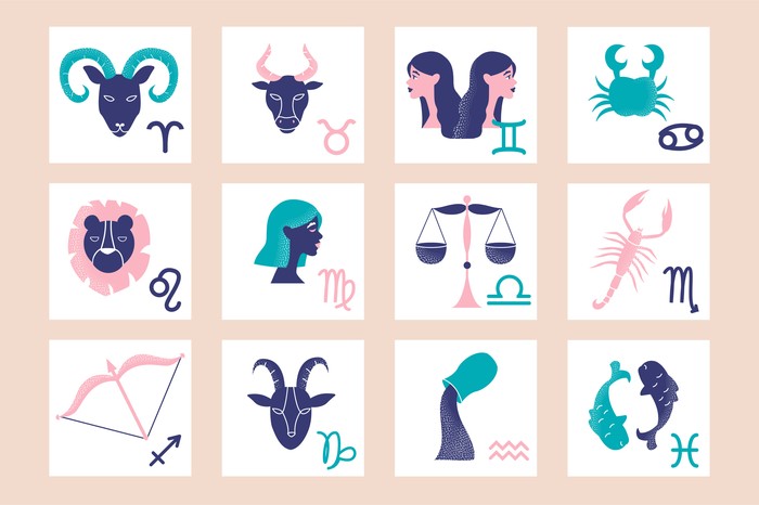 Colorful set of zodiac signs on pink background. Zodiac sign elements as a poster or wall art template. Astrology art for horoscope banners. Flat cartoon vector illustration