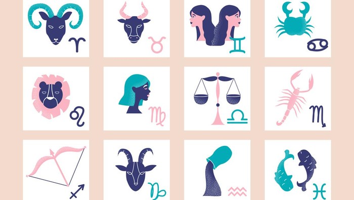 Colorful set of zodiac signs on pink background. Zodiac sign elements as a poster or wall art template. Astrology art for horoscope banners. Flat cartoon vector illustration
