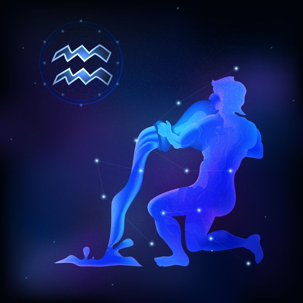 Graphic of people pour water. Aquarius horoscope sign in twelve zodiac with galaxy background. vector illustration.