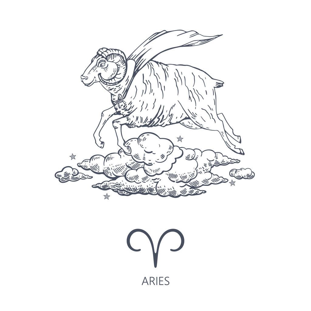 Zodiac constellation Aries. A ram in a superhero cloak flies among the clouds. The symbol of the astrological horoscope. Hand-drawn illustration.
