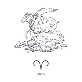 Lambang Zodiak Zodiac constellation Aries. A ram in a superhero cloak flies among the clouds. The symbol of the astrological horoscope. Hand-drawn illustration.