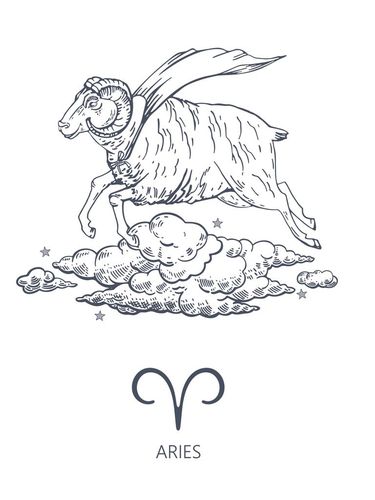 Zodiac constellation Aries. A ram in a superhero cloak flies among the clouds. The symbol of the astrological horoscope. Hand-drawn illustration.