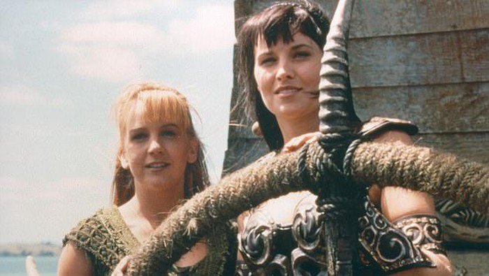New Zealand actress Lucy Lawless and American actress Renee OConnor photographed on set of TV series Xena: Warrior Princess on May 6, 1997.