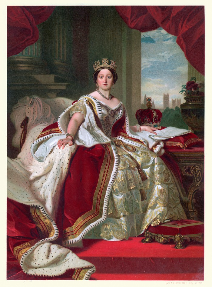 Vintage colour lithograph of Queen Victoria in her robes of State